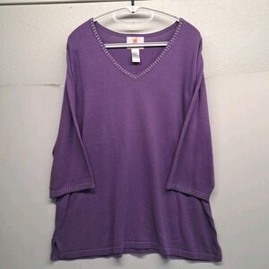 Quacker Factory Purple Knit Top Rhinestone Detail 3/4 Sleeve V-Neck Womens 1X